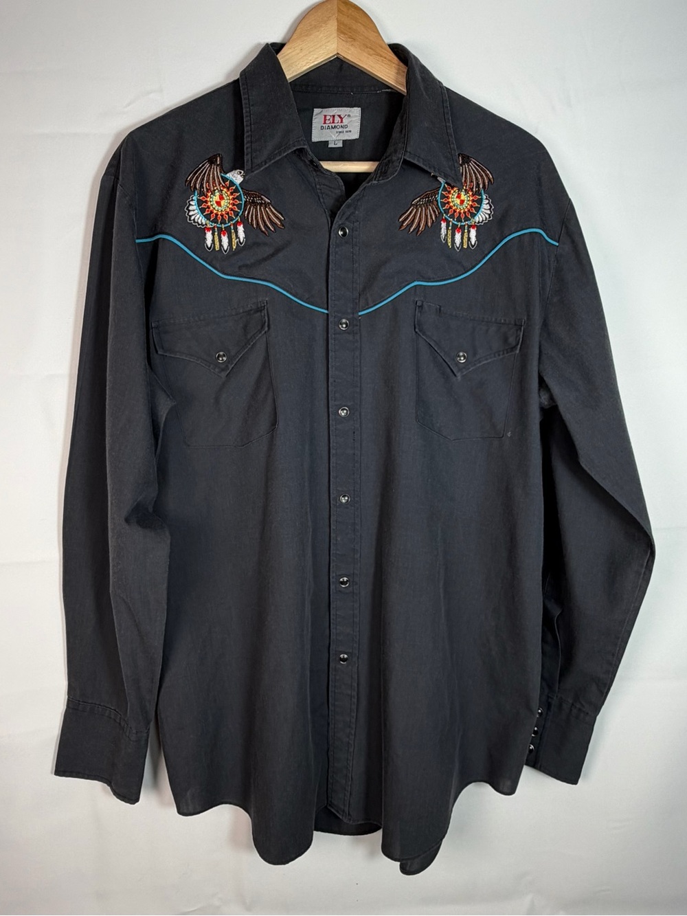 Vintage Ely Diamond Men's Large Black Western Pearl Snap Shirt Eagle Embroidered